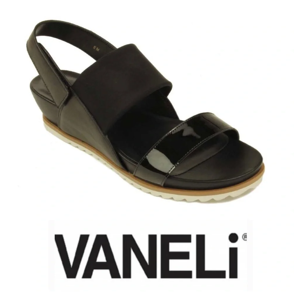New Vaneli Hayley Platino Napa Black Slingback Wedge Sandals Weekend